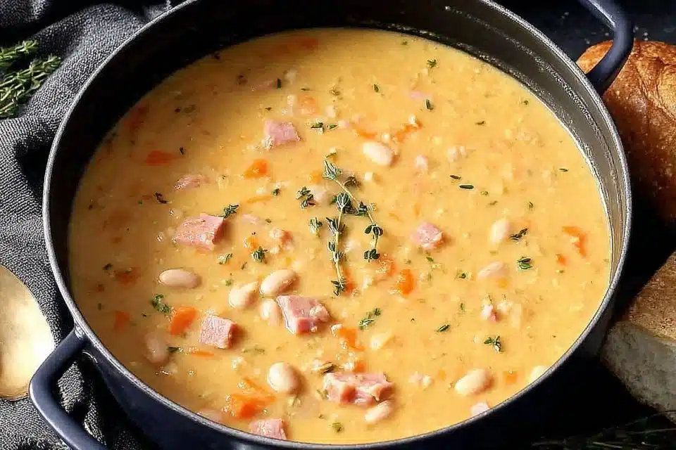 The Ultimate Comforting Cheesy Ham and Bean Soup Recipe You'll Love 4 Bowl of cheesy ham and bean soup with fresh herbs on top