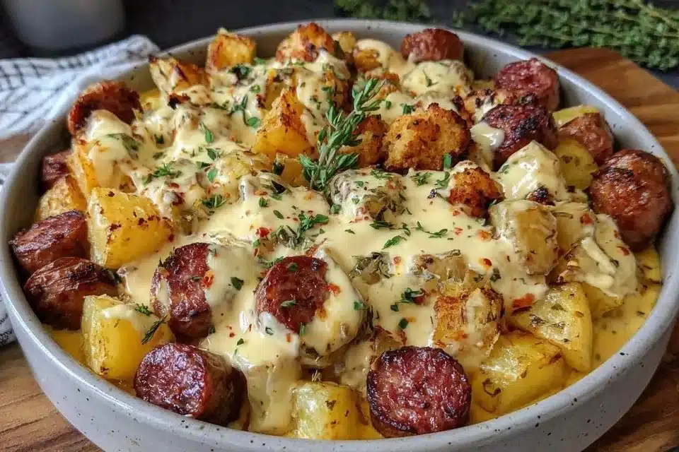Delicious Cheesy Ranch Potatoes with Smoked Beef Sausage on a serving plate.