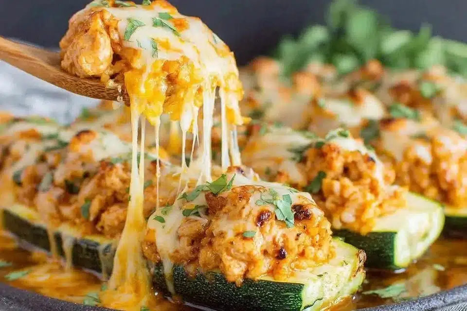 Cheesy stuffed acorn squash filled with ground chicken and herbs