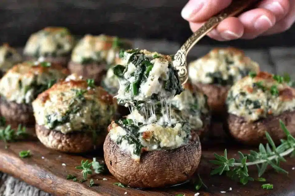 Plate of cheesy vegetarian stuffed mushrooms topped with herbs.