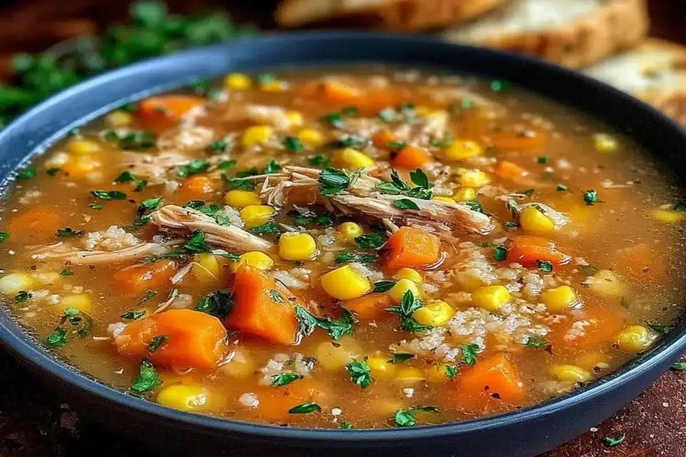 Delicious bowl of Chicken Lentil Soup with vibrant vegetables and herbs