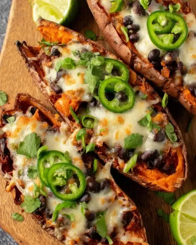 Chili stuffed sweet potato skins with honey lime yogurt on a plate