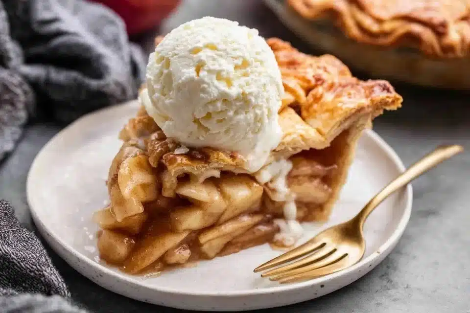 Classic Apple Pie with Lattice Crust and Vanilla Ice Cream: The Ultimate Comfort Food 1 Classic apple pie with lattice crust served with a scoop of vanilla ice cream