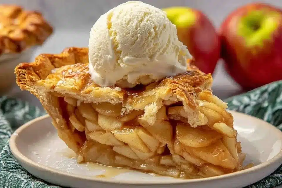 Classic homemade apple pie with spiced brown sugar filling on a rustic table