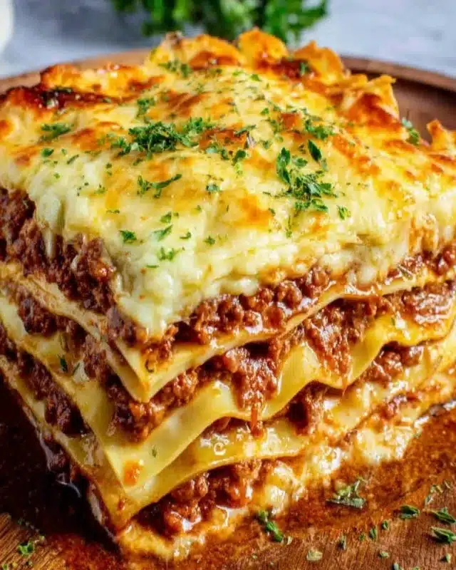 Classic homemade lasagna with layers of meat, cheese, and rich sauce