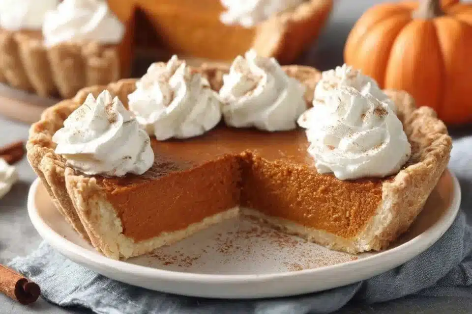 Delicious homemade classic pumpkin pie adorned with whipped cream.