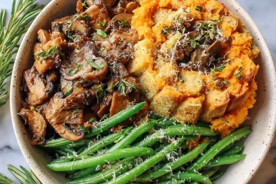 Classic Sausage Cornbread Stuffing 4 Classic sausage cornbread stuffing served in a bowl with herbs and spices