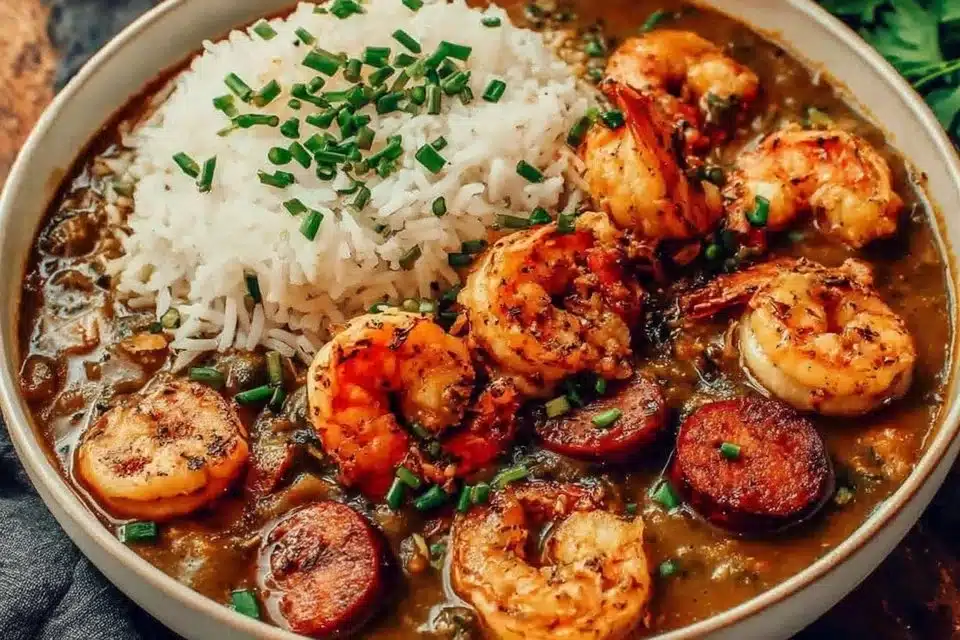 Classic Shrimp and Sausage Gumbo 4 Bowl of classic shrimp and sausage gumbo with vibrant vegetables and spices