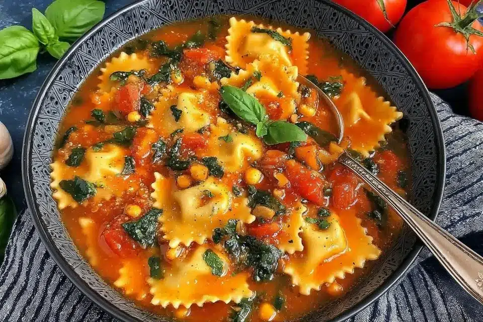 The Ultimate Comforting Vegan Lasagna Soup Recipe 4 Bowl of comforting vegan lasagna soup topped with fresh basil and vegan cheese.