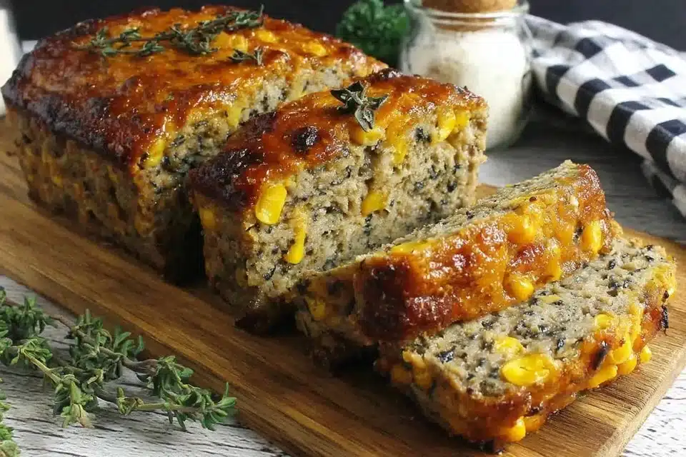 Cornmeal Meatloaf 4 Delicious Cornmeal Meatloaf served on a plate with fresh herbs.