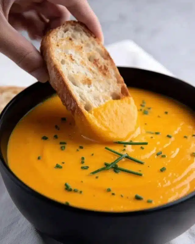 A bowl of cozy roasted carrot ginger soup topped with fresh herbs