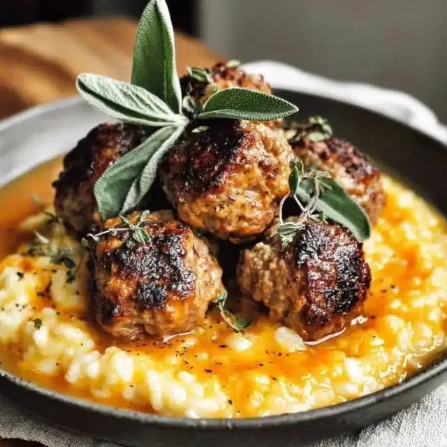 Cozy turkey meatballs served with pumpkin sage sauce in a warm dish