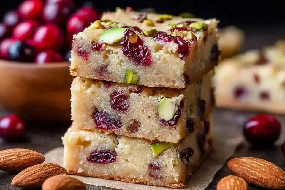 Freshly baked Cranberry Pistachio Shortbread cookies on a tray