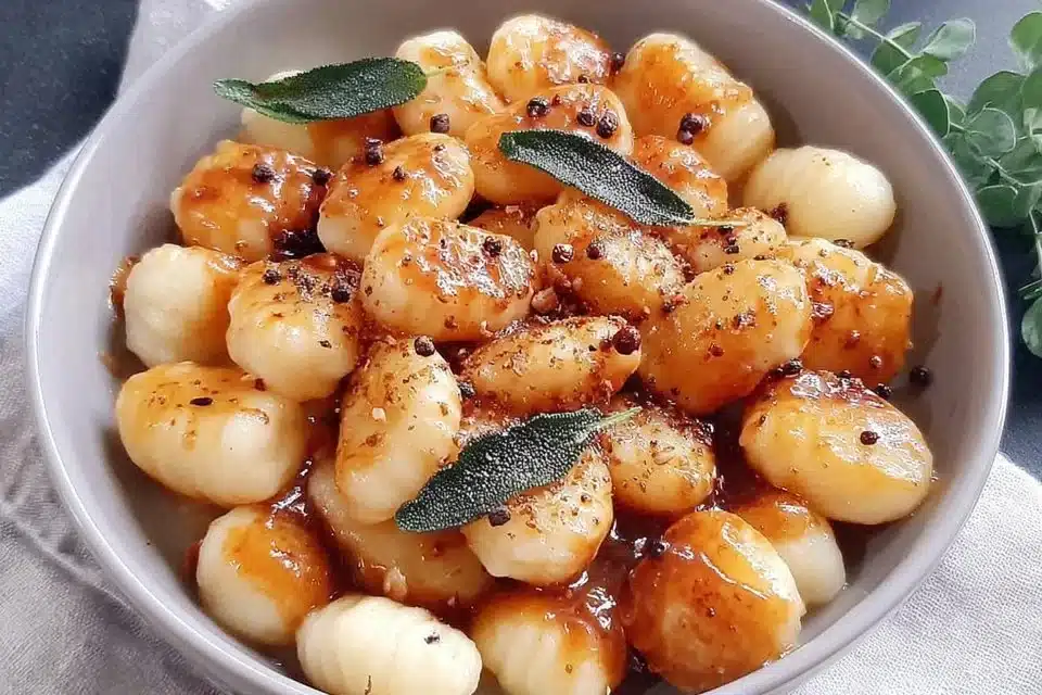 Creamy air fryer pumpkin gnocchi bake topped with herbs and cheese