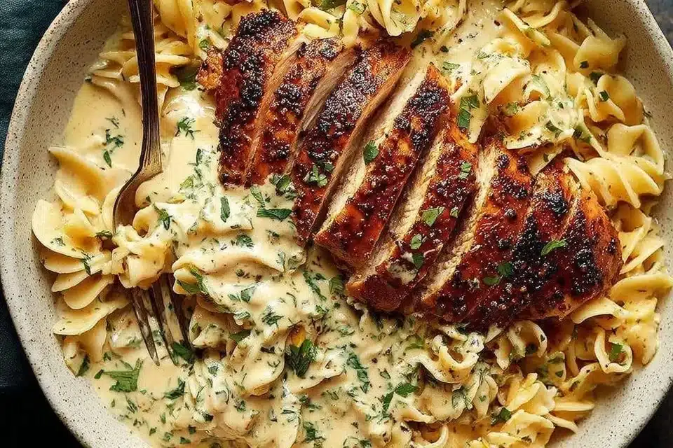 Creamy Garlic Parmesan Chicken Pasta – 5-Star Cozy Classic 4 Creamy garlic parmesan chicken pasta served in a bowl with herbs and cheese on top.