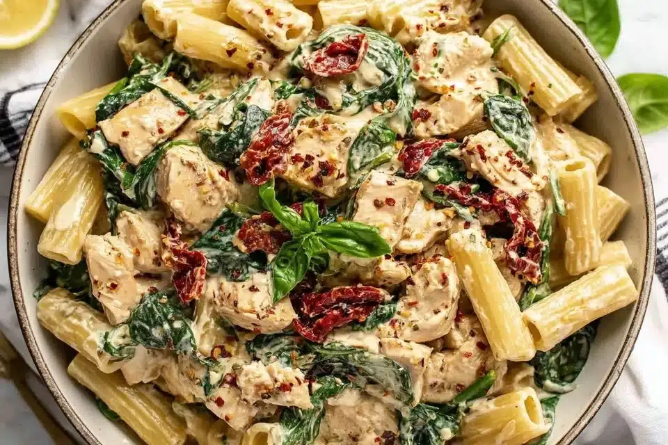Creamy high protein chicken pasta dish garnished with parsley.