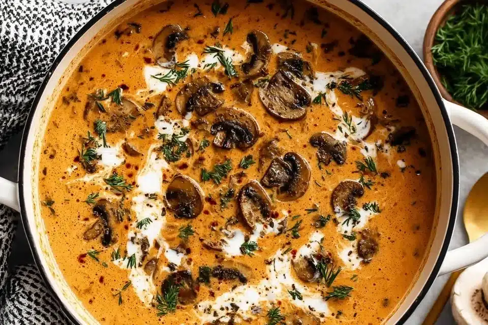 Creamy Hungarian Mushroom Soup 4 A bowl of creamy Hungarian mushroom soup garnished with herbs and spices.