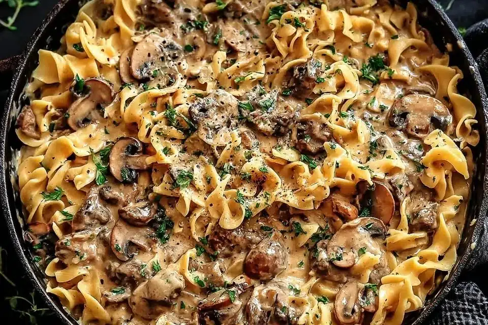 Creamy Morel Mushroom Stroganoff 4 Delicious creamy morel mushroom stroganoff served on a plate