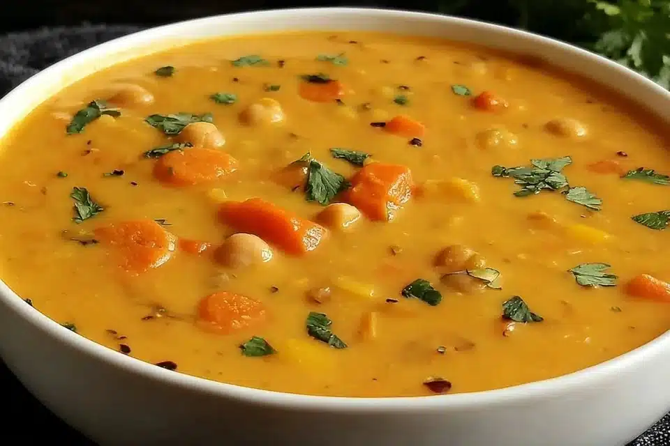 Bowl of creamy Mulligatawny soup garnished with herbs and spices