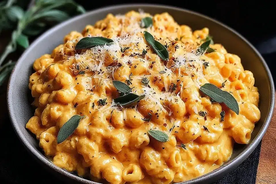 Bowl of creamy Parmesan pumpkin pasta topped with herbs and Parmesan cheese.