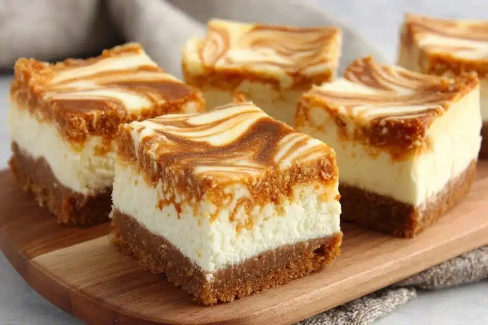Creamy pumpkin cheesecake bars with a graham cracker crust served on a plate