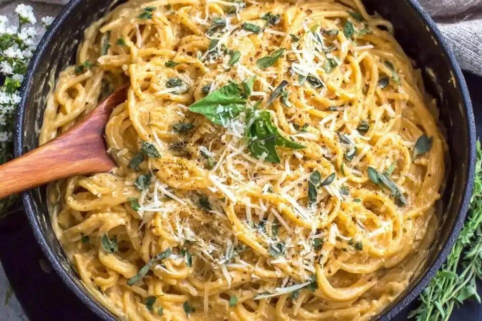 Creamy pumpkin pasta sauce with sage served in a bowl