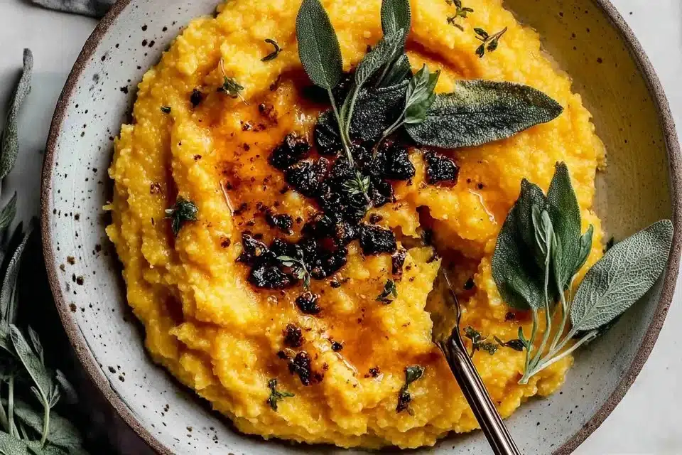 Creamy Pumpkin Polenta 4 Delicious creamy pumpkin polenta served in a bowl, topped with herbs.