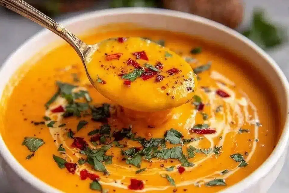 Bowl of creamy red lentil soup garnished with herbs and spices