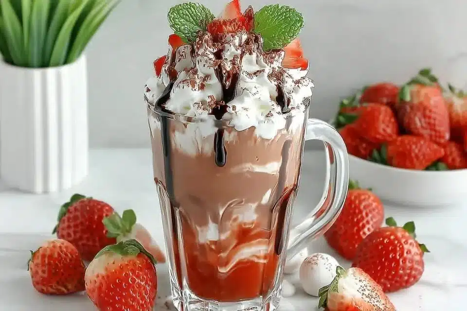 Creamy strawberry latte served in a glass with fresh strawberries on top.