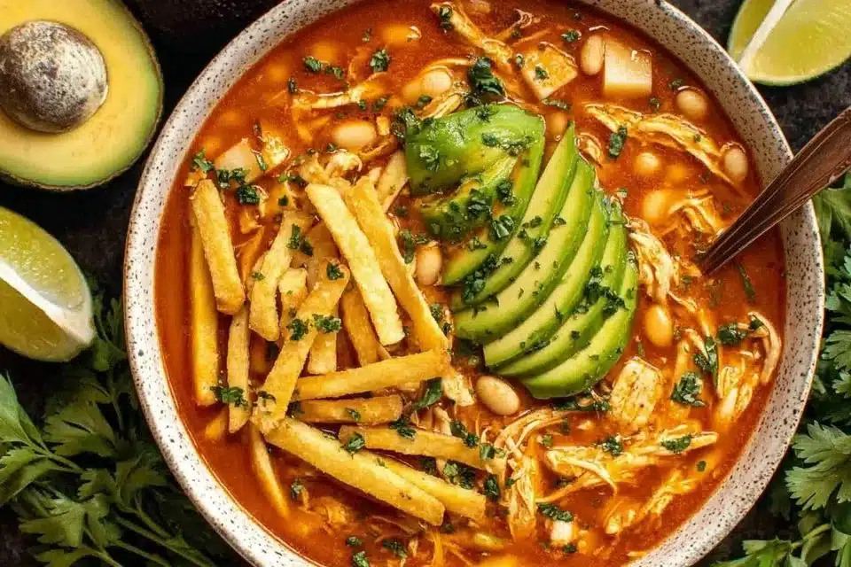A bowl of creamy white bean chicken enchilada soup topped with fresh ingredients.