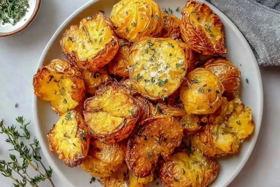 Crispy Smashed Potatoes 4 Plate of crispy smashed potatoes garnished with herbs and spices