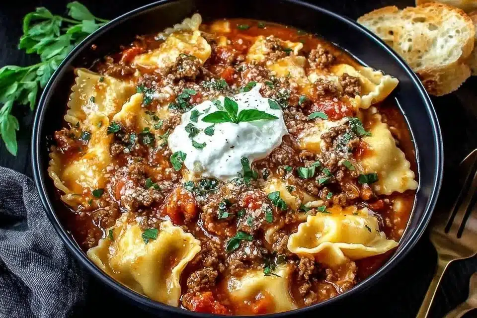 Crockpot Lasagna Soup served in a bowl with cheese and herbs
