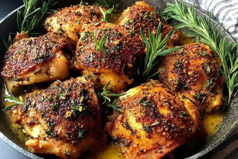 Delicious apple cider glazed chicken thighs garnished with herbs on a plate