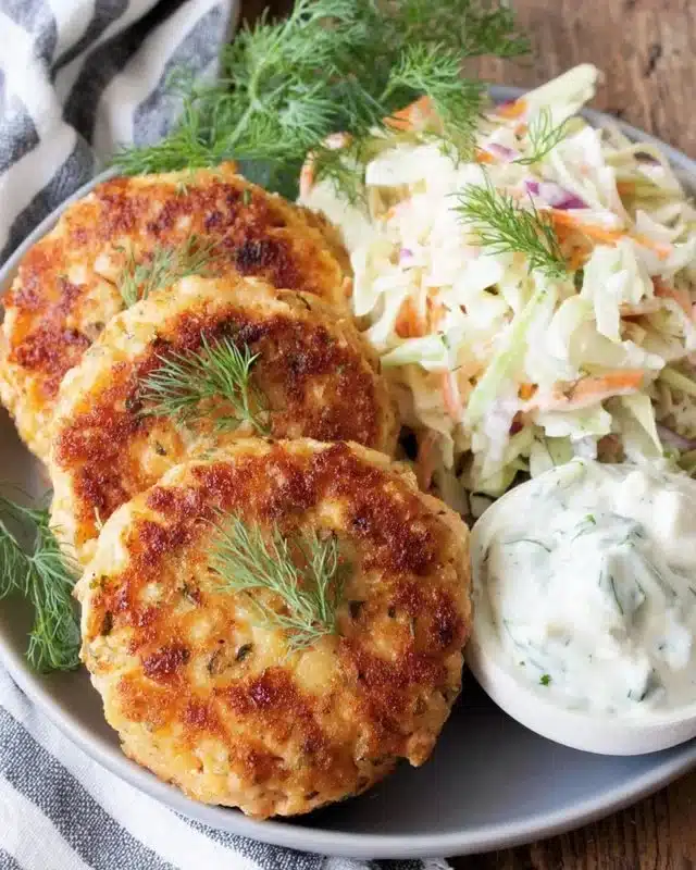 Easy baked salmon patties served on a plate with fresh herbs and lemon.