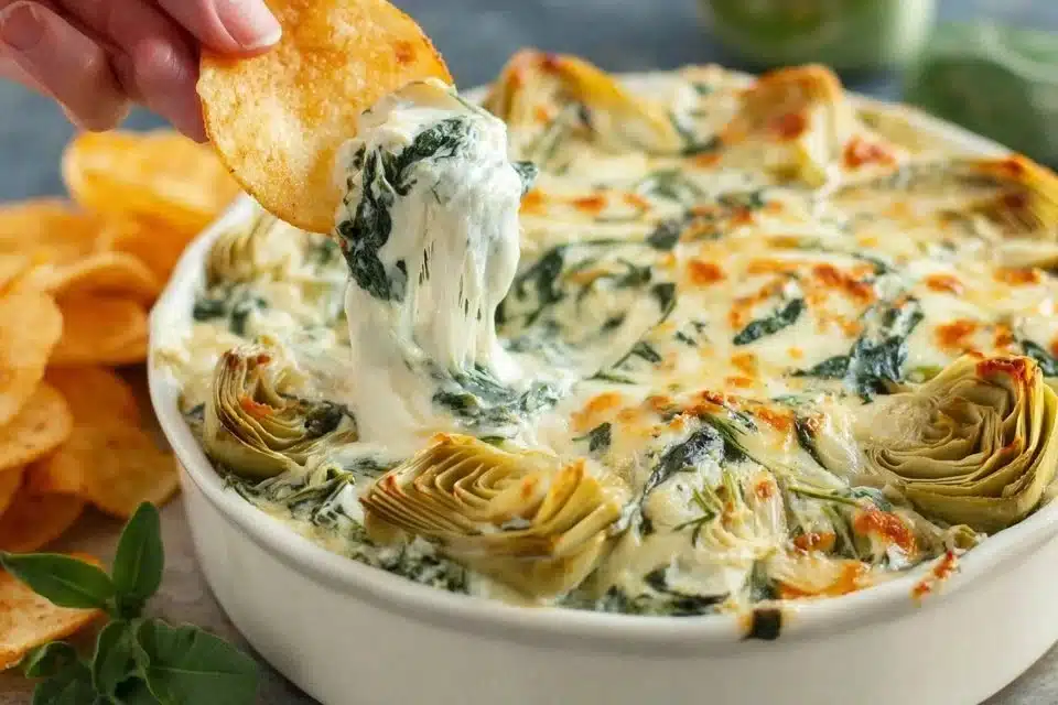 Easy Baked Spinach Artichoke Dip – 7 Reasons It’s Everyone’s Favorite 4 Baked Spinach Artichoke Dip served in a dish with crispy bread