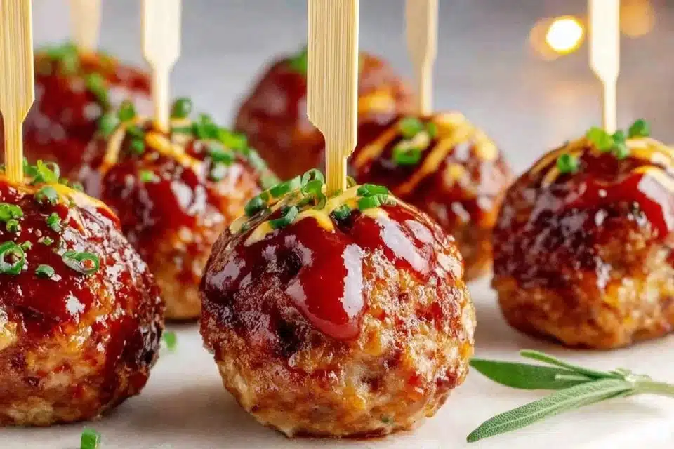 Plate of easy baked turkey meatballs with sweet tangy glaze