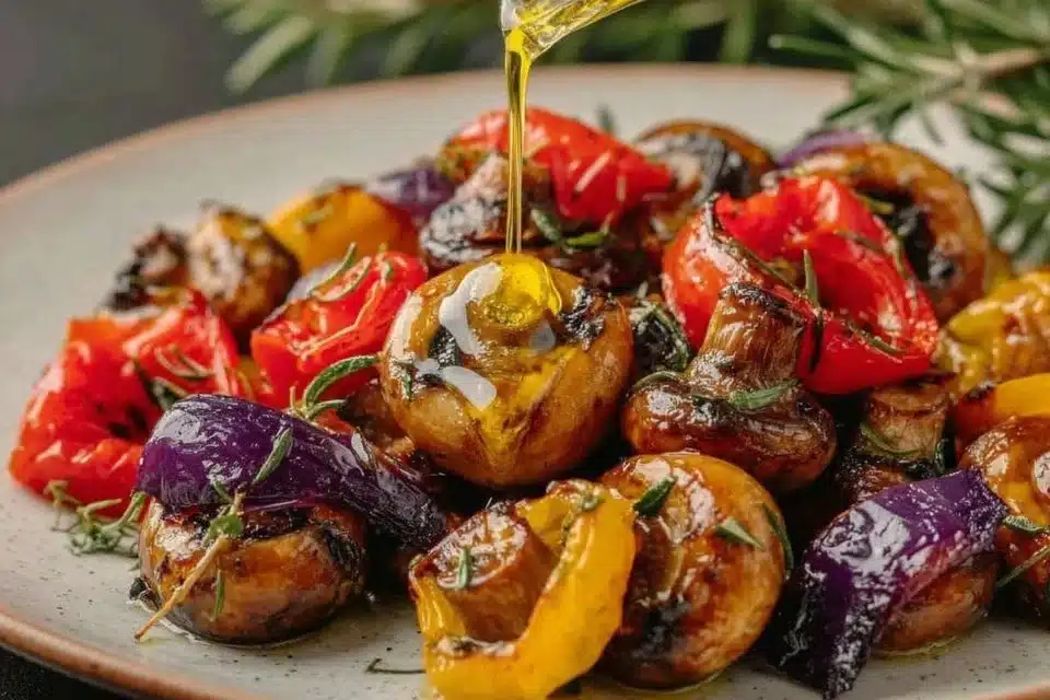 Colorful barbecue grilled vegetables marinated in lemon herb garlic sauce.
