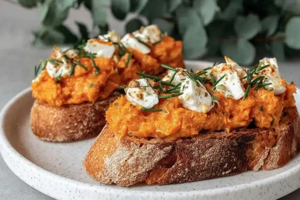 Easy butternut squash crostini topped with herbs and cheese on a wooden board