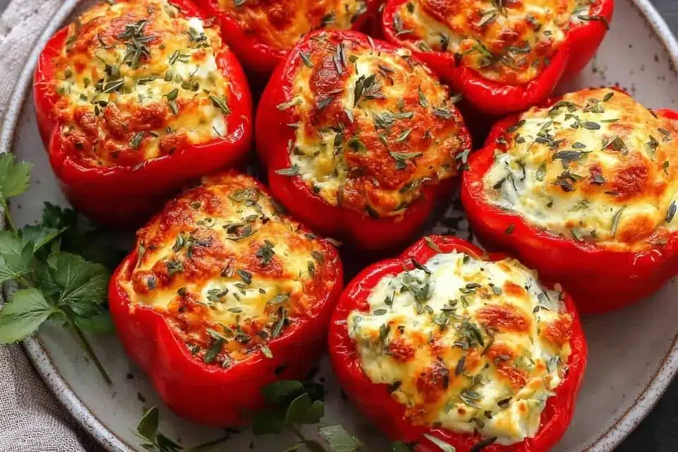 Easy Chicken and Rice Stuffed Peppers 4 Easy chicken and rice stuffed peppers on a plate, garnished and ready to serve.