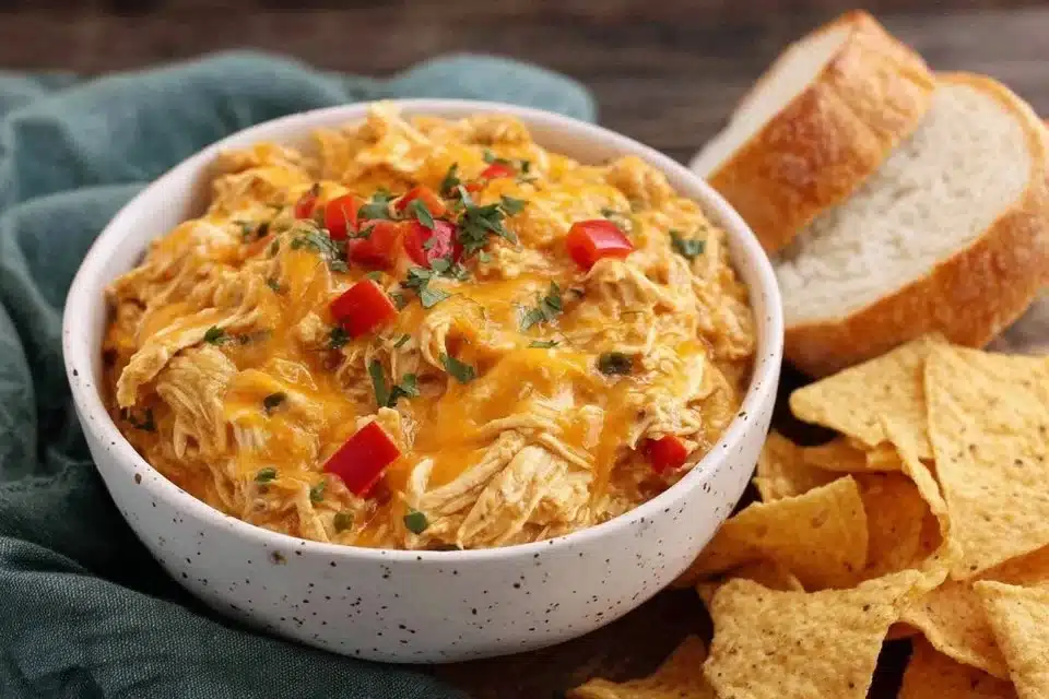 Easy chicken fajita casserole with rice and cheese in a baking dish