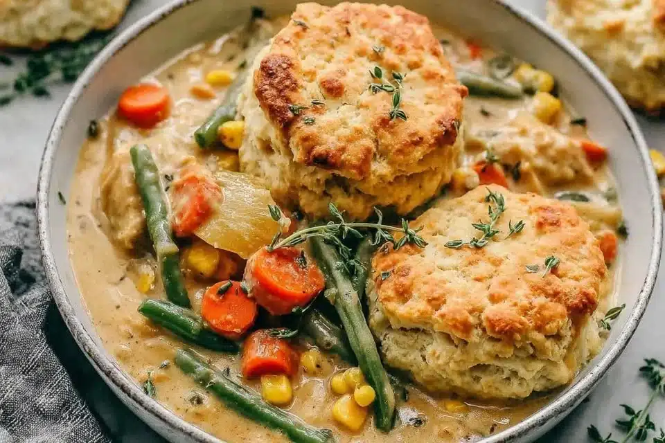 Easy Chicken Pot Pie Casserole – 7-Star Cheesy Biscuit Comfort 4 Easy chicken pot pie casserole with cheesy drop biscuits dish