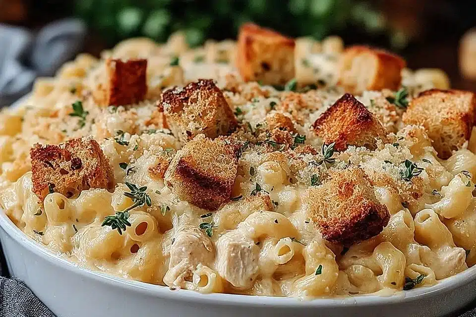 Easy chicken and stuffing casserole dish served on a table.