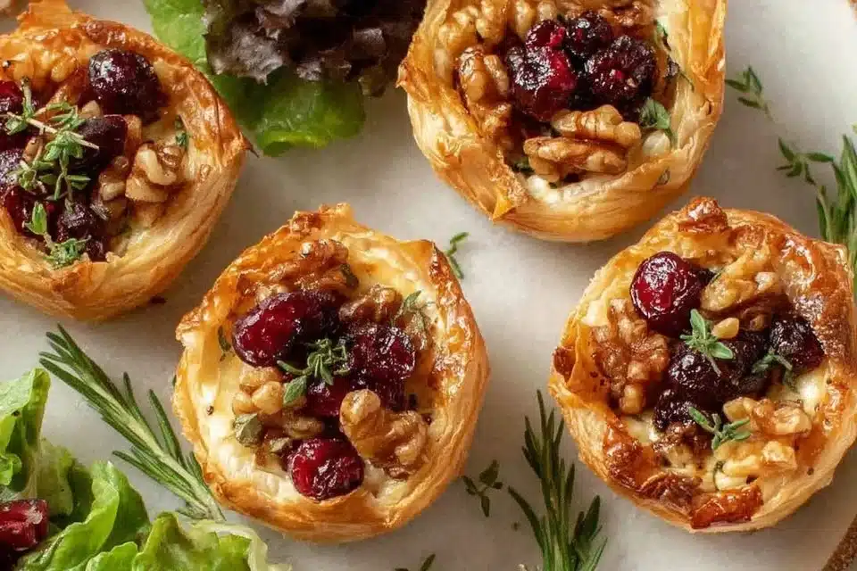 Easy Cranberry Brie Bites appetizer with puff pastry on a serving platter