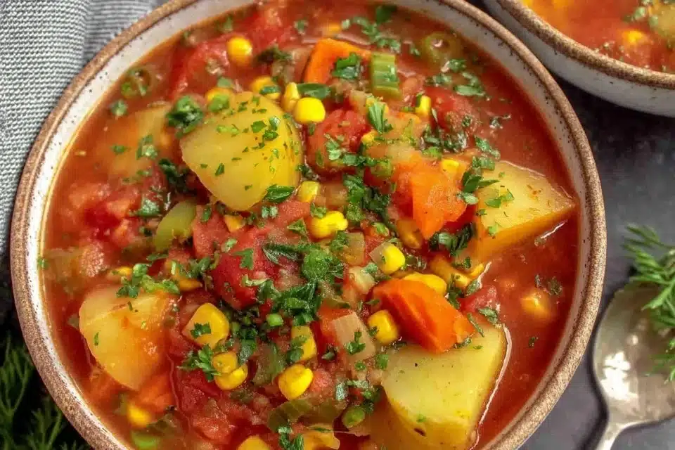 Easy Crock Pot Vegetable Soup 4 Bowl of easy crock pot vegetable soup garnished with fresh herbs