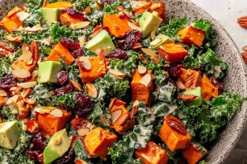 Easy Fall Harvest Salad with Sweet Potatoes and Kale 1 Easy fall harvest salad with sweet potatoes, kale, and seasonal ingredients.