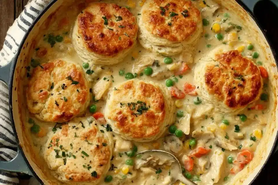 Bowl of easy gluten-free chicken and dumplings topped with herbs.