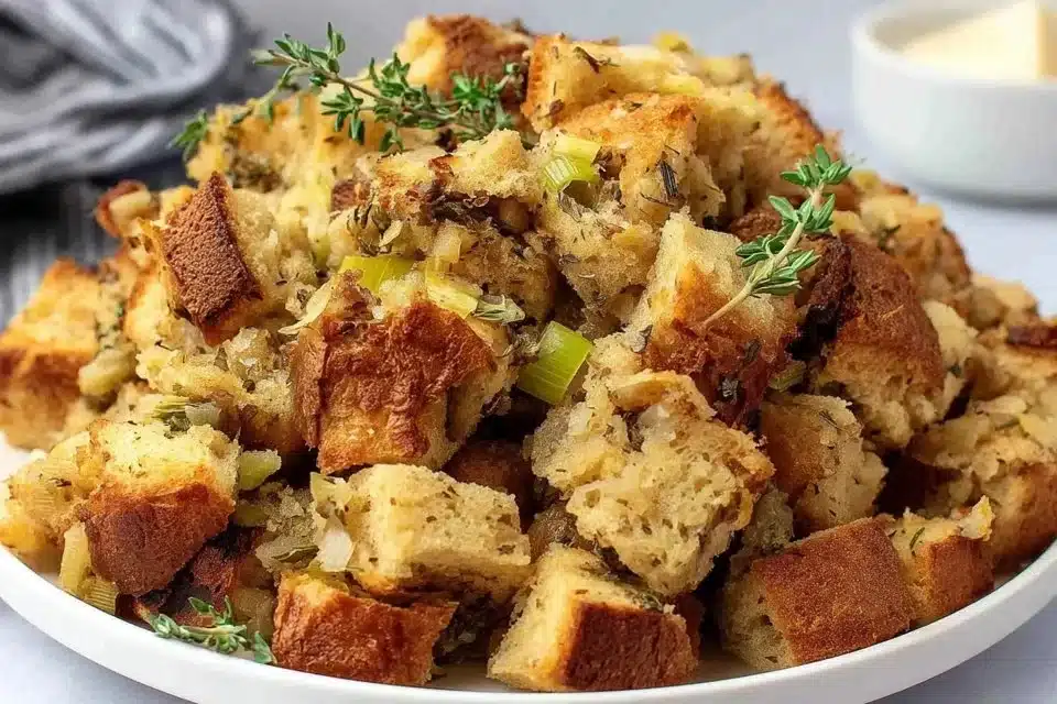 Easy Gluten-Free Stuffing 4 Bowl of easy gluten-free stuffing with fresh herbs and vegetables