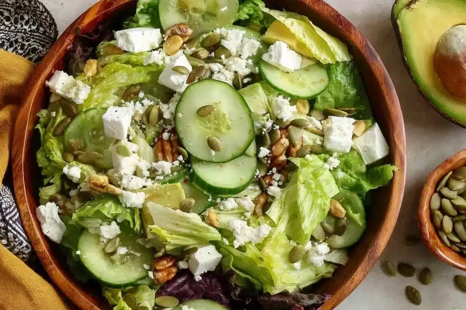 Easy green salad with avocado and lemon vinaigrette in a bowl