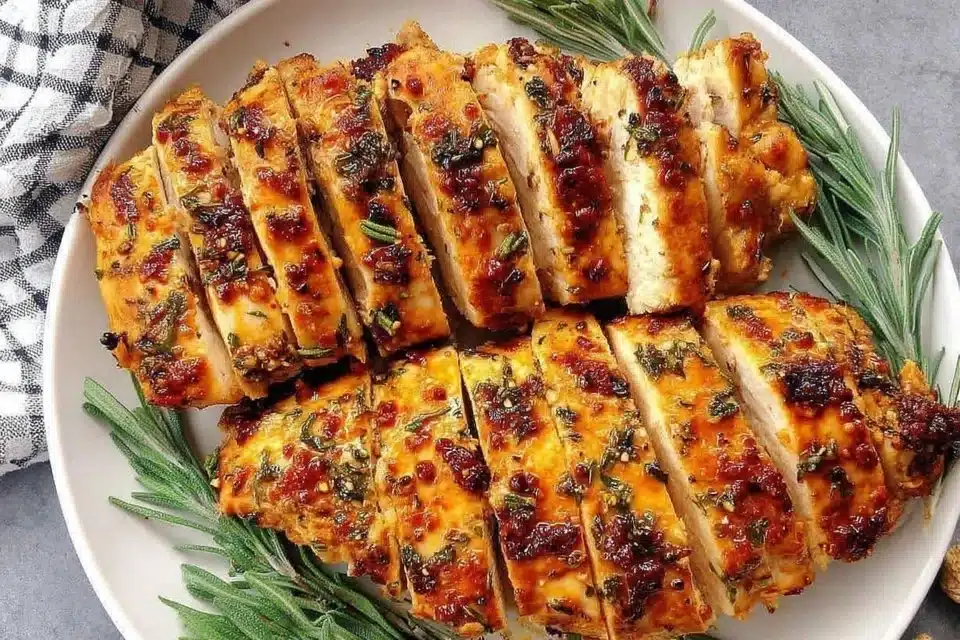 Juicy herb butter roast turkey breast served with sides
