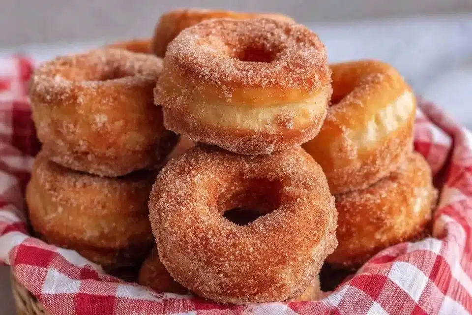 Delicious homemade apple cider donuts with cinnamon sugar on a rustic plate